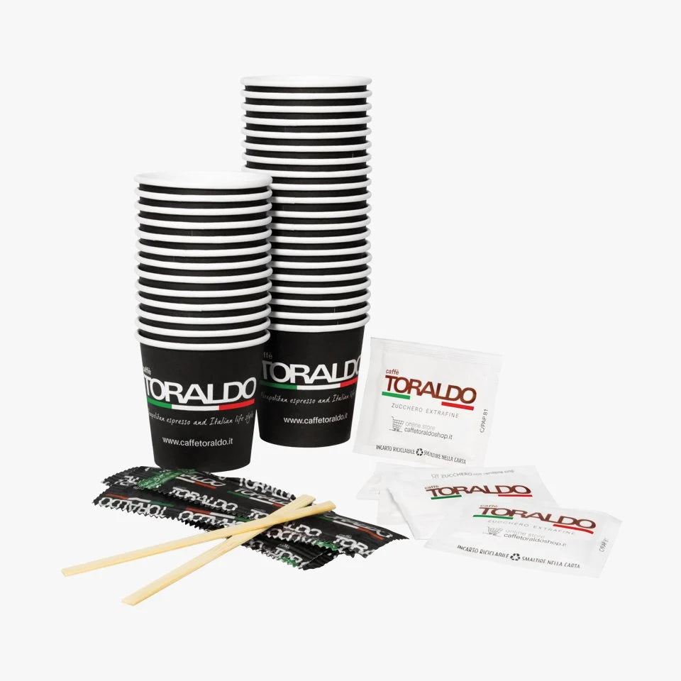 Caffè Toraldo ECO set za kavu - 100 čaša, 100 miješalica i 100 šećera